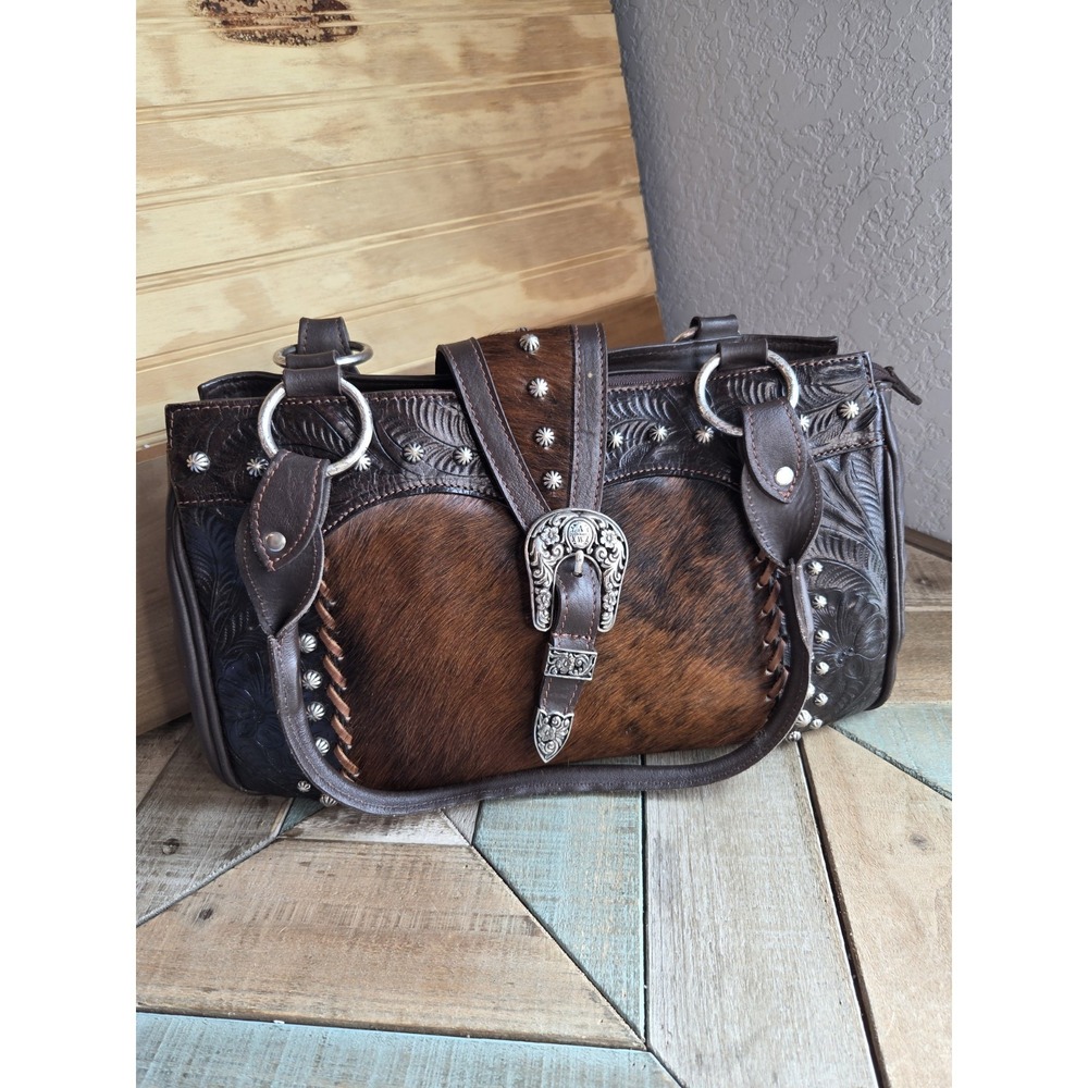 American West Leather Shoulder Bag‎ Cow Hair Brown Buckle 13"x8" studded tooled